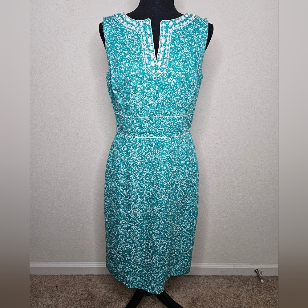 Tahari Teal and White Sleeveless Midi Dress
